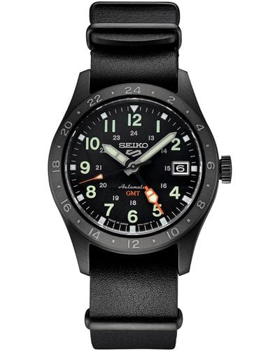 Seiko Automatic 5 Sports Gmt Leather Strap Watch 39mm - Black