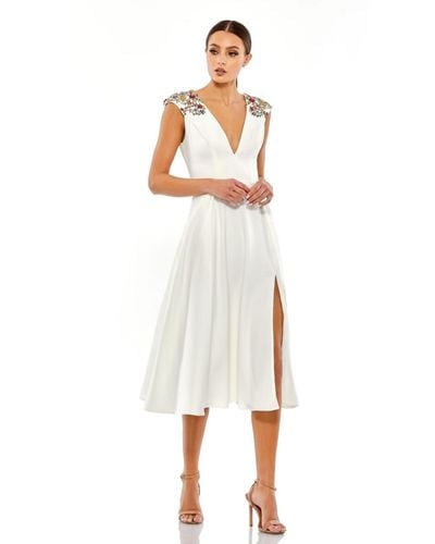 Mac Duggal Ieena Beaded Cap Sleeve A Line Midi Dress - White