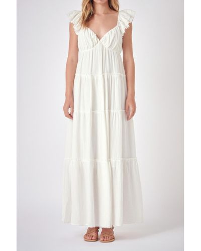 Free the Roses Maxi Sweetheart Dress With Raw Edge Details - White