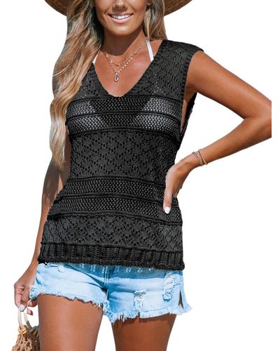 CUPSHE Open Knit V-neck Sleeveless Cover-up Top - Black