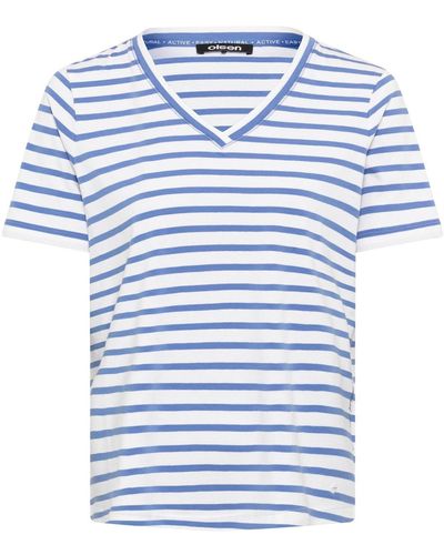 Olsen Cotton Blend Short Sleeve Striped V-neck T-shirt - Blue
