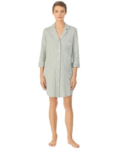 Lauren by Ralph Lauren Knit Notch Collar Cotton Sleep Shirt - Gray