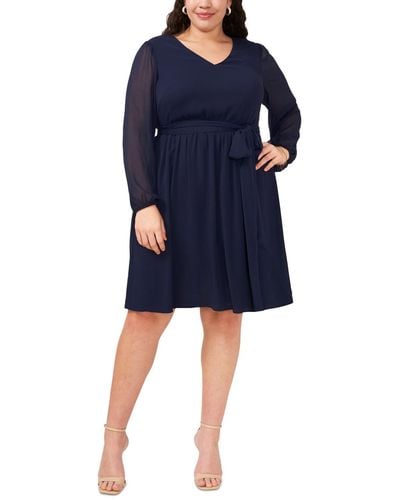 Msk Plus Size Blouson-sleeve Tie-waist Fit & Flare Dress - Blue