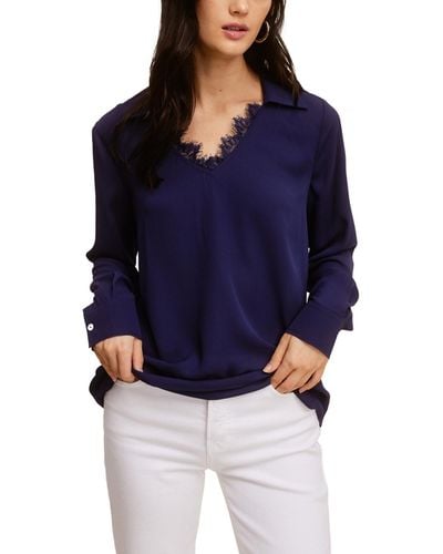 Fever Solid Soft Crepe Top W/ Collar Lace - Blue