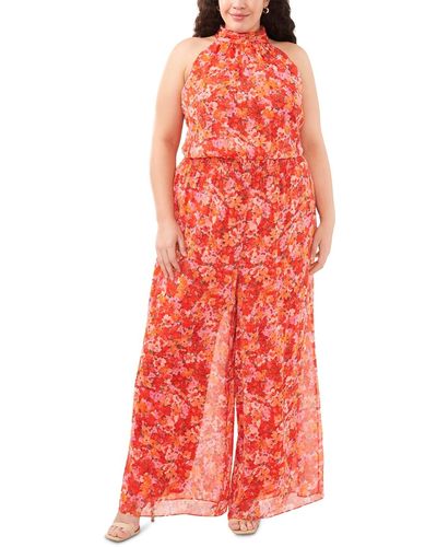 Vince Camuto Plus Size Floral Print Halter Neck Sleeveless Jumpsuit - Red