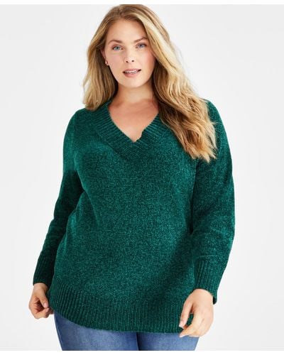 Style & Co. Plus Size V-neck Long-sleeve Chenille Sweater - Green