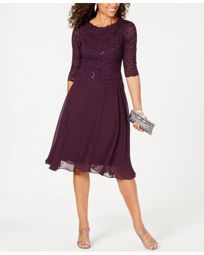 Alex Evenings Sequined Lace Contrast Dress - Purple