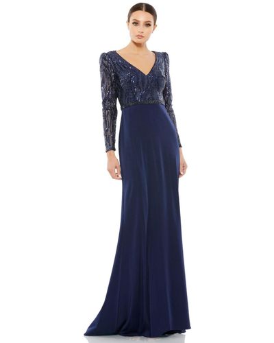 Mac Duggal Embellished Long Sleeve Bodice Column Dress - Blue
