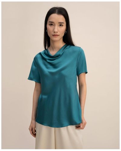 LILYSILK Cowl Neck Short Sleeves Silk T-shirt - Blue