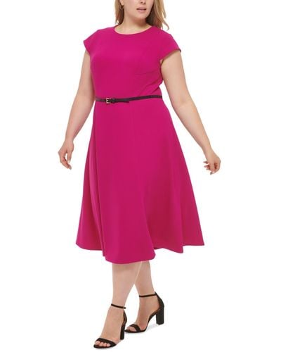 Tommy Hilfiger Plus Size Cap-sleeve Belted Fit & Flare Dress - Pink
