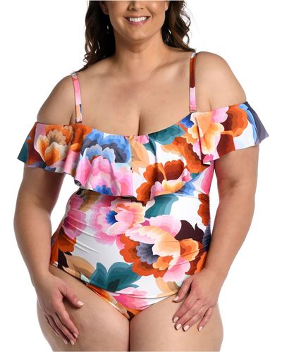 La Blanca Plus Size Floral Rhythm Off-the-shoulder Ruffle One-piece Swimsuit - Red