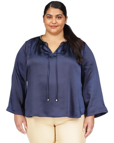 Michael Kors Michael Plus Size Satin Chain-link Peasant Top - Blue