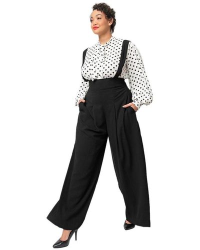 Unique Vintage Plus Size Wide Leg Rochelle Suspender Pants - Black