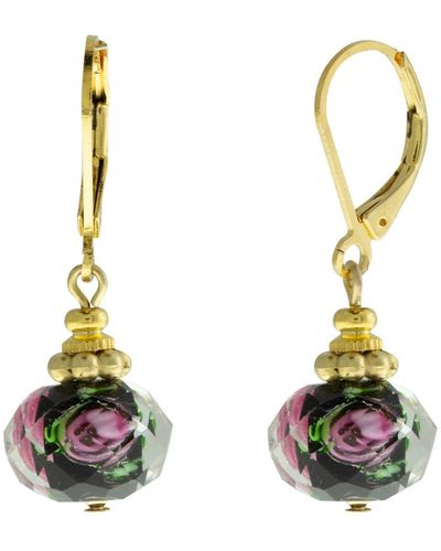 2028 Gold-tone Black Bead Flower Earring - Pink