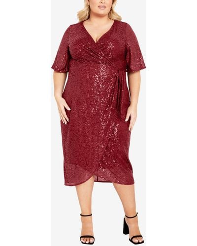 Avenue Plus Size Naomi Sequin Wrap Midi Dress - Red