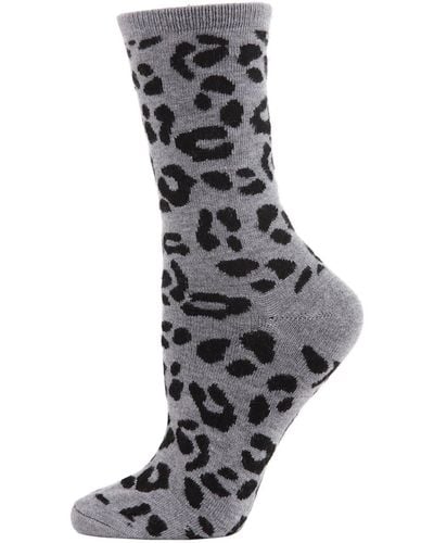 Memoi Leopard Animal Print Cashmere Crew Socks - Gray