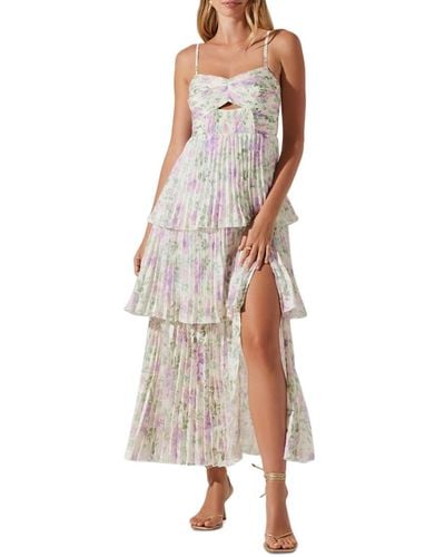 Astr Emmi Printed Pleated Tiered Sleeveless Maxi Dress - Natural
