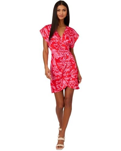 Adrianna Papell Floral-print Faux-wrap Dress - Red