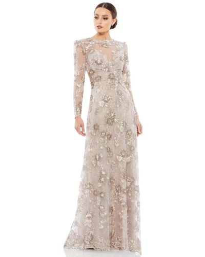 Mac Duggal Floral Embroidered Illusion Long Sleeve Evening Gown - White