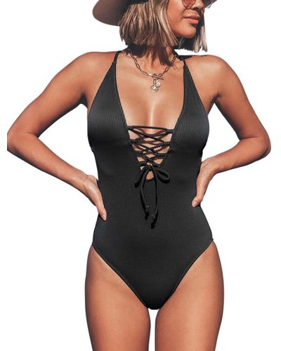 CUPSHE Solid Color V Neck Lace Up One Piece Swimsuit - White