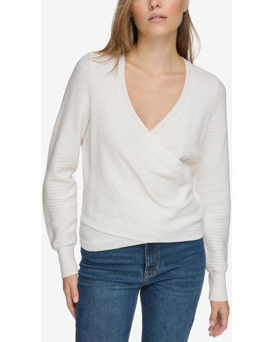 DKNY Ribbed Long-sleeve Wrap Sweater - White