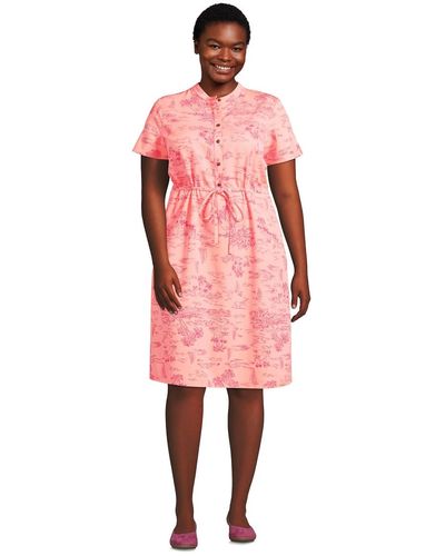 Lands' End Plus Size Rayon Short Sleeve Button Front Dress - Pink