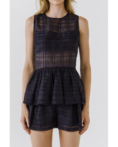 English Factory Plaid Sleeveless Peplum Top - Black