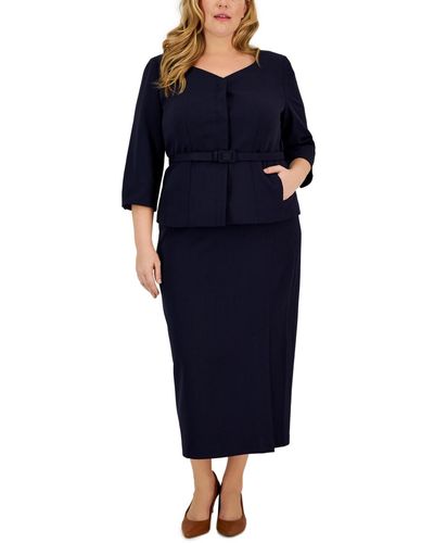 Le Suit Plus Size Collarless Belted Jacket And Column Skirt Suit - Blue