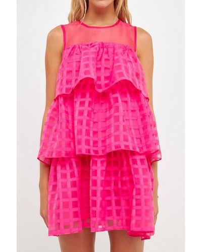 English Factory Ganza Gridded Tiered Sleeveless Mini Dress - Pink