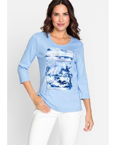 Olsen 100% Cotton 3/4 Sleeve Placement Print T-shirt - Blue