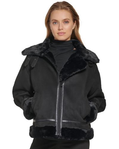 DKNY Faux-suede Faux-fur Trim Zip-front Coat - Black