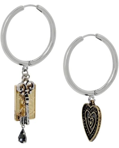 Steve Madden Faux Stone Lock Key Charm Hoop Earrings in Metallic