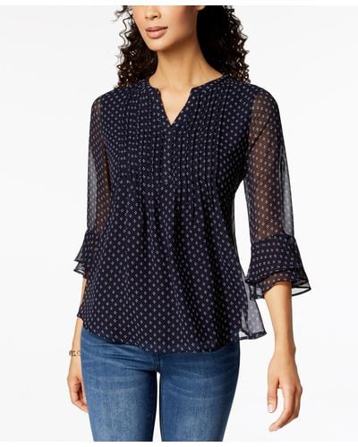 Charter Club Petite Printed Pintuck Top, Created For Macy's - Blue