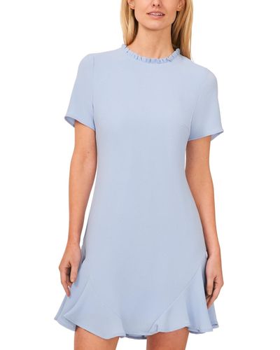Cece Ruffle Trim Short Sleeve Godet A-line Dress - Blue