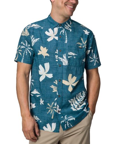 Reef Watson Short Sleeve Button-front Tropical Shirt - Blue