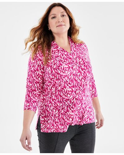 Style & Co. Plus Size Printed Johnny-collar Knit Tunic Top - Pink