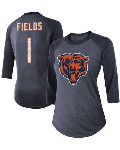 Majestic Threads Justin Fields Distressed Chicago Bears Player Name And Number Tri-blend 3/4-sleeve Fitted T-shirt - Blue