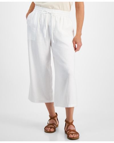 Style & Co. Petite Cropped Linen Wide-leg Drawstring Pants - White