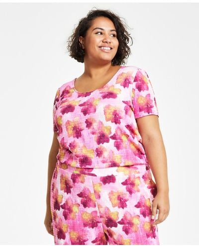 BarIII Trendy Plus Size Textured Printed Short-sleeve Top - Pink