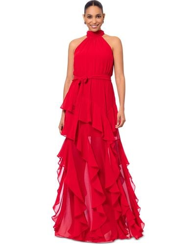 Betsy & Adam Ruffled Halter Gown - Red