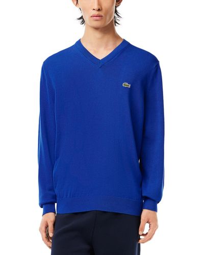 Lacoste Regular-fit Solid V-neck Sweater - Blue