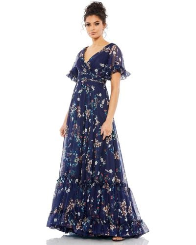 Mac Duggal Ieena Flounce Sleeve Floral Maxi Dress - Blue