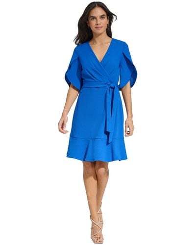 DKNY Surplice-neck Tulip-sleeve Belted Dress - Blue