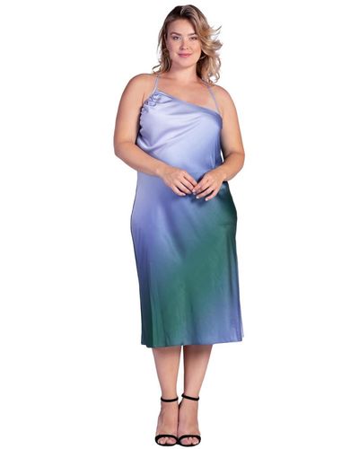 Standards & Practices Plus Size Ombre Print Asymmetric Satin Slip Dress - Blue