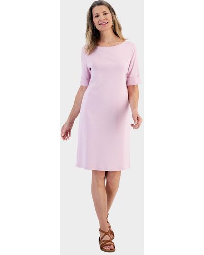 Style & Co. Cotton Boat-neck Elbow-sleeve Dress - Pink