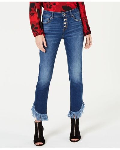 INC International Concepts Fringe-hem Button-front Straight-leg Jeans, Created For Macy's - Blue