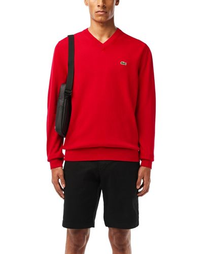 Lacoste Regular-fit Solid V-neck Sweater - Red