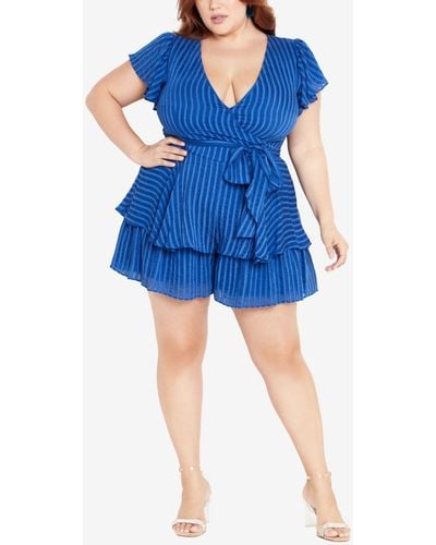 City Chic Plus Size First Date Frilled Romper - Blue