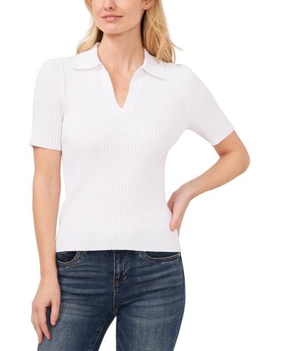 Cece Short-sleeve Rib-knit Polo Sweater - White