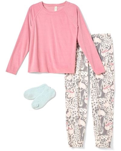 Hue Wild Flamingo Fleece 3 Pc Pajama & Sock Set - Pink